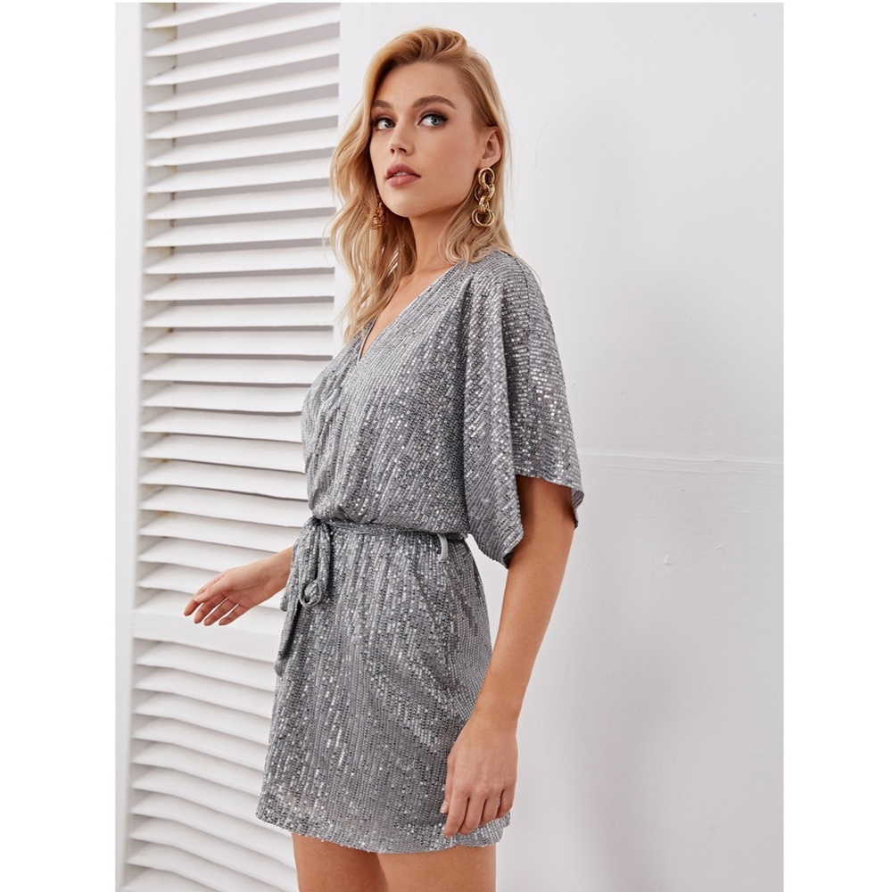 All Over Sequin Silver V-Neck Belted Mini Dress - Picture 4 of 9